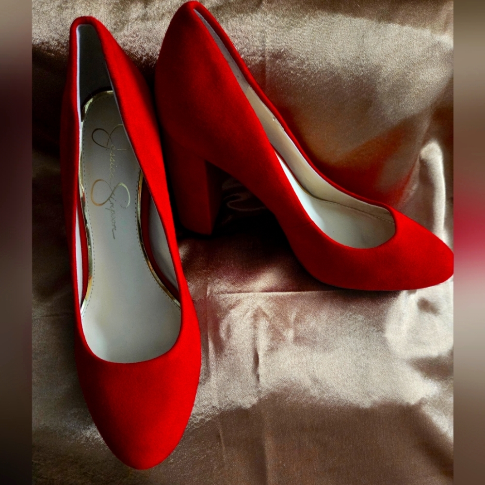 Jessica Simpson Red Suede Block Heel Pumps